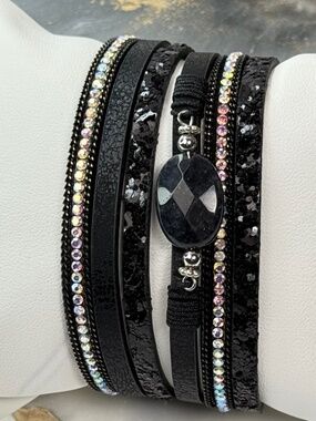 Black Druzy Multi Strand Bracelet Magnetic Clasp Rhinestone Layered Look NWOT